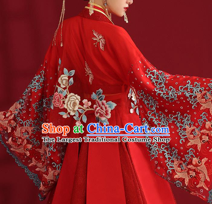 China Classical Embroidered Red Wedding Dress Traditional Ancient Empress Hanfu Costumes