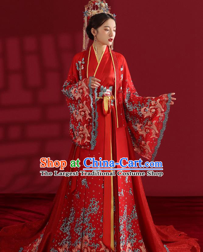 China Classical Embroidered Red Wedding Dress Traditional Ancient Empress Hanfu Costumes