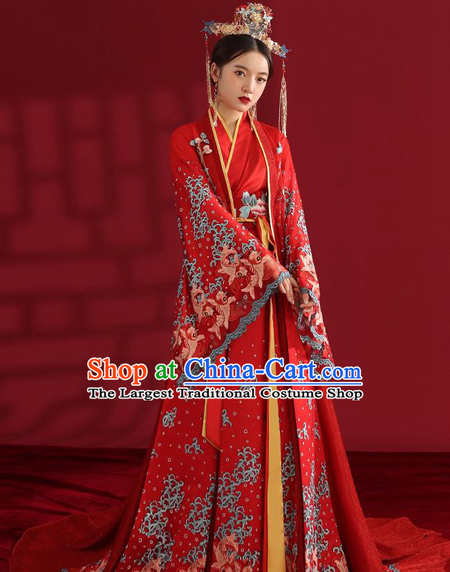 China Classical Embroidered Red Wedding Dress Traditional Ancient Empress Hanfu Costumes