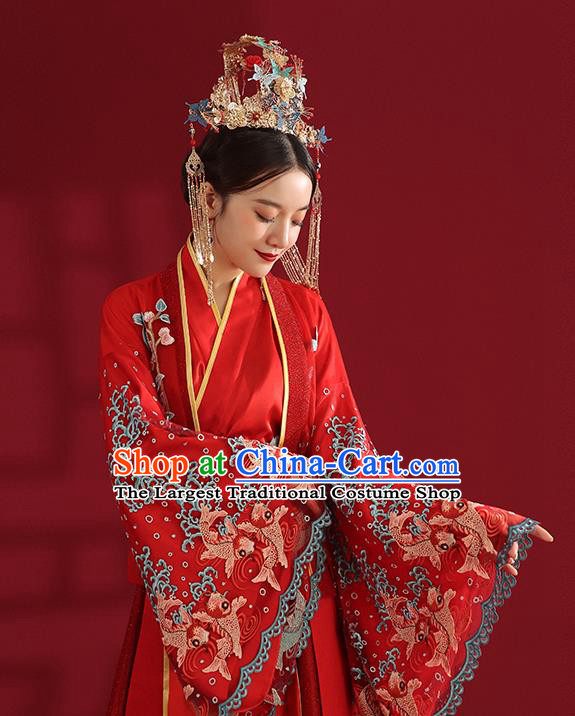 China Classical Embroidered Red Wedding Dress Traditional Ancient Empress Hanfu Costumes