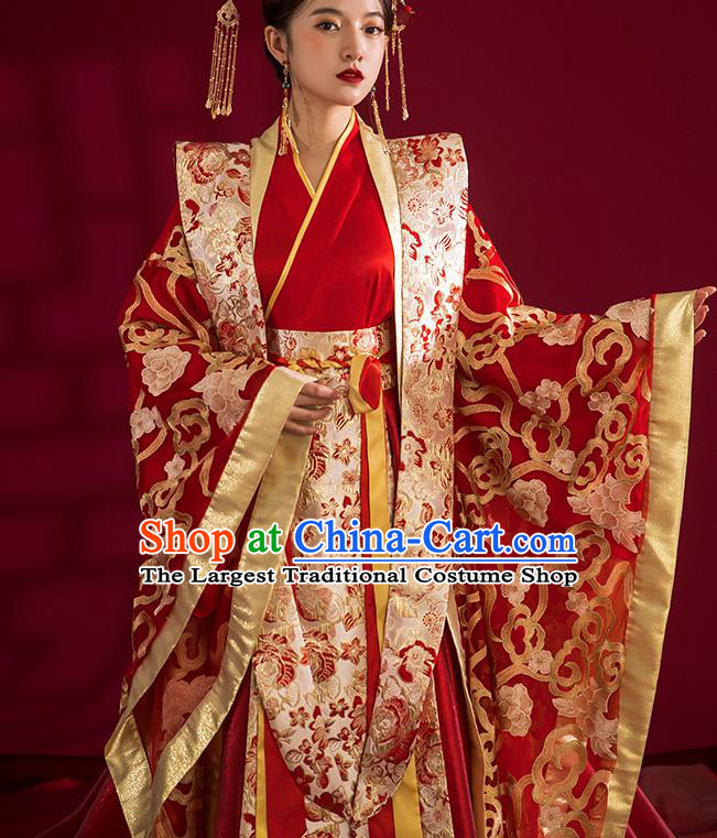 China Traditional Tang Dynasty Wedding Costumes Ancient Empress Red Embroidered Dress