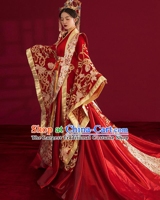 China Traditional Tang Dynasty Wedding Costumes Ancient Empress Red Embroidered Dress