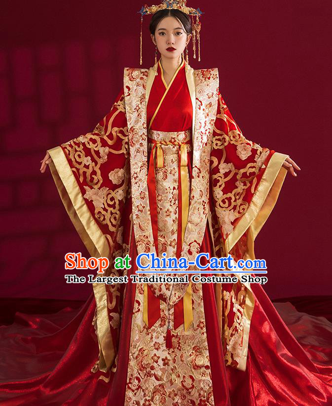 China Traditional Tang Dynasty Wedding Costumes Ancient Empress Red Embroidered Dress