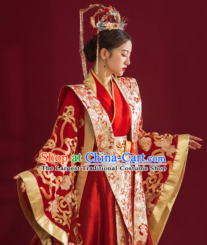 China Traditional Tang Dynasty Wedding Costumes Ancient Empress Red Embroidered Dress