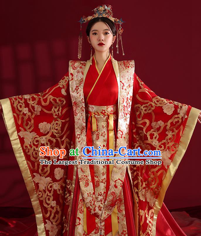 China Traditional Tang Dynasty Wedding Costumes Ancient Empress Red Embroidered Dress