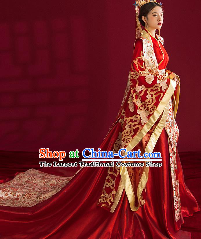 China Traditional Tang Dynasty Wedding Costumes Ancient Empress Red Embroidered Dress