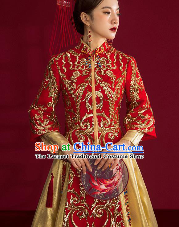 China Traditional Wedding Costumes Ancient Bride Embroidered Red Xiuhe Suits