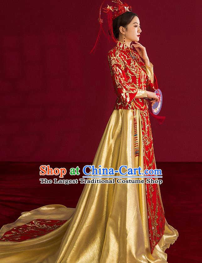 China Traditional Wedding Costumes Ancient Bride Embroidered Red Xiuhe Suits