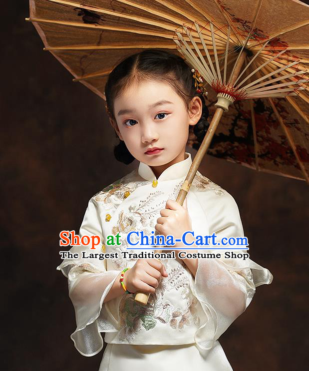 Chinese Classical Dance Clothing Embroidered White Qipao Dress Girl Bridesmaid Blouse and Dress