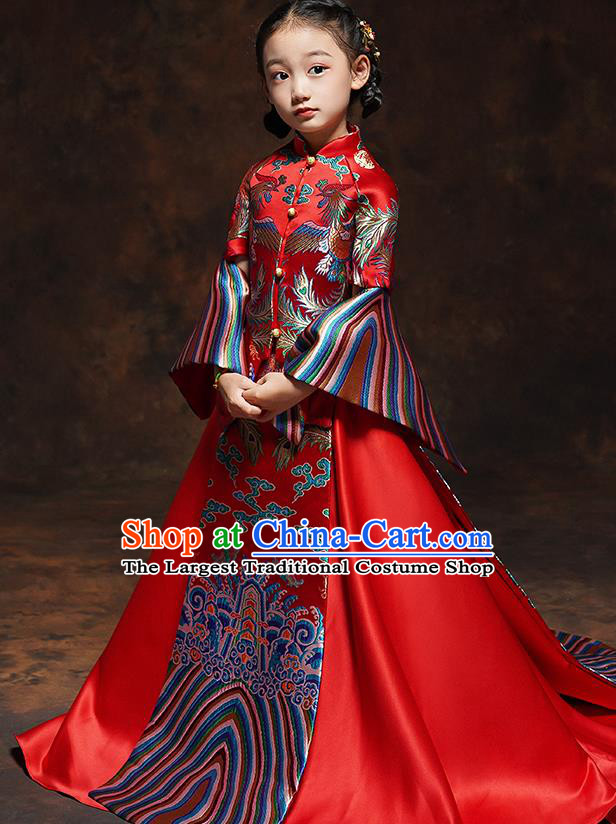 Chinese Embroidered Red Xiuhe Suits Girl Bridesmaid Blouse and Dress Classical Dance Clothing