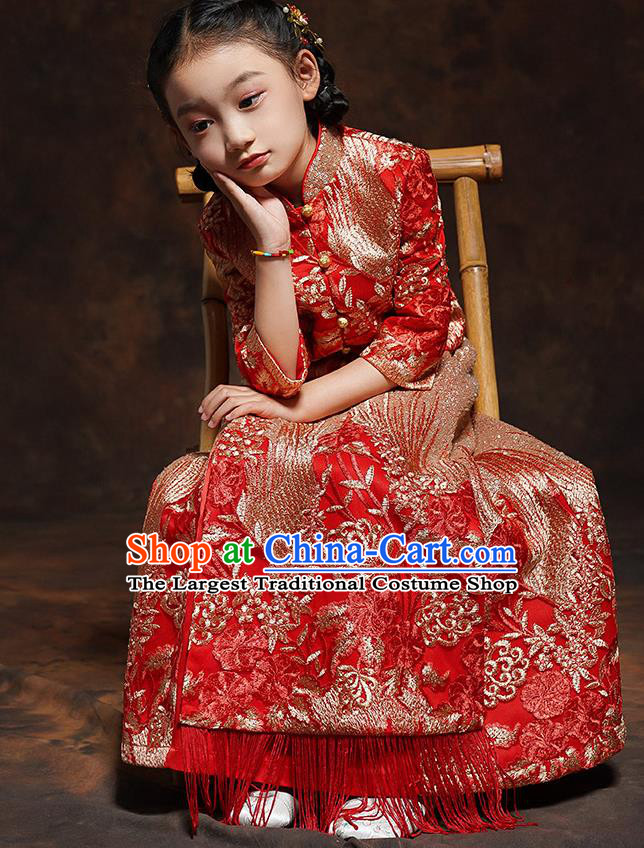 Chinese Girl Bridesmaid Blouse and Dress Classical Dance Clothing Embroidered Red Xiuhe Suits