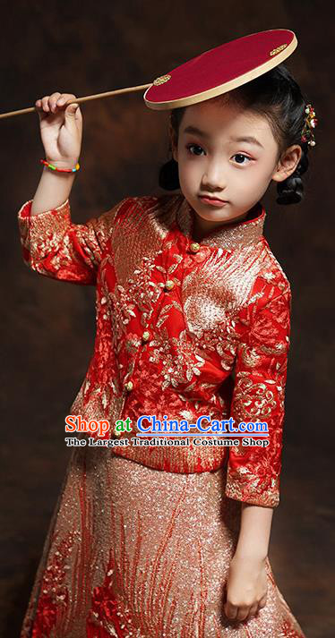 Chinese Girl Bridesmaid Blouse and Dress Classical Dance Clothing Embroidered Red Xiuhe Suits
