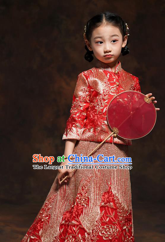 Chinese Girl Bridesmaid Blouse and Dress Classical Dance Clothing Embroidered Red Xiuhe Suits