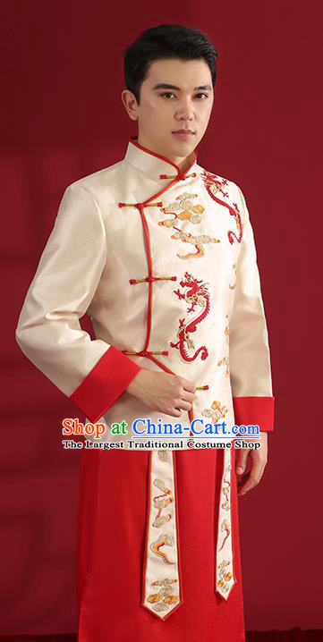 Chinese Traditional Wedding Bridegroom Costumes Embroidered White Mandarin Jacket and Red Long Robe