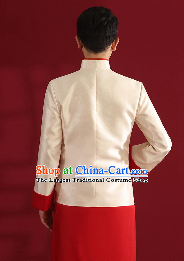 Chinese Traditional Wedding Bridegroom Costumes Embroidered White Mandarin Jacket and Red Long Robe