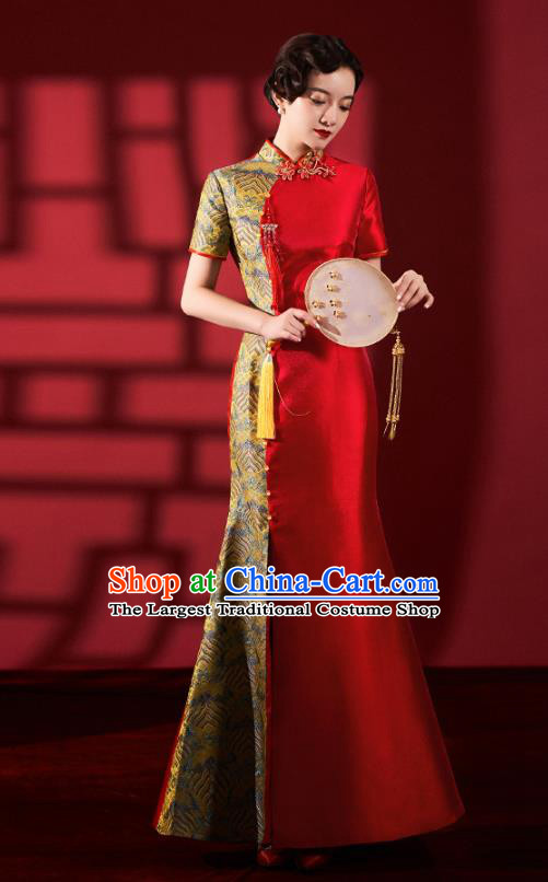 Chinese Traditional Wedding Fishtail Cheongsam Bride Red Brocade Qipao Dress Clothing