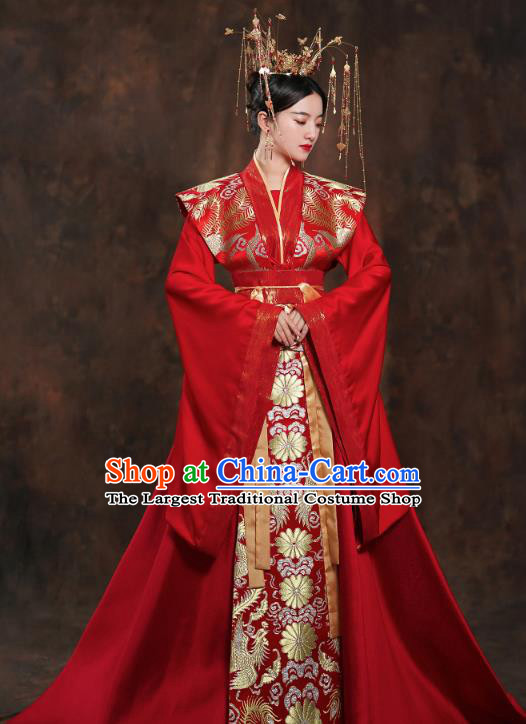 China Ancient Queen Embroidered Red Hanfu Dress Traditional Tang Dynasty Bride Wedding Costumes