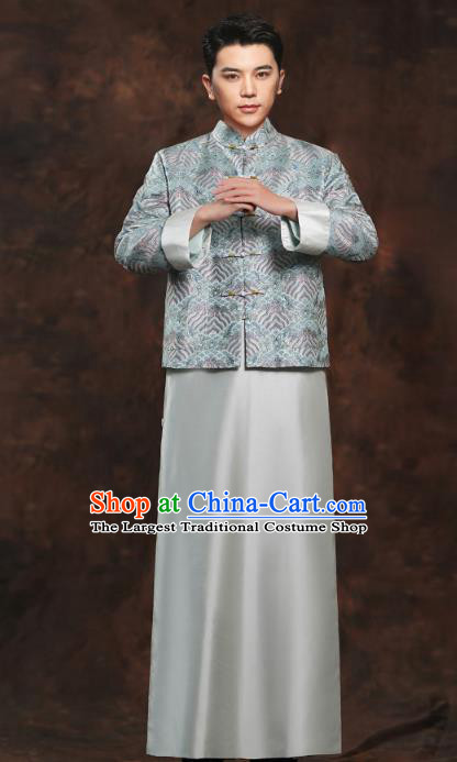 Chinese Ancient Bridegroom Clothing Traditional Wedding Costumes Blue Mandarin Jacket and Long Robe