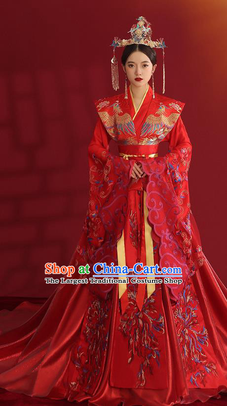 China Ancient Empress Embroidered Red Dress Traditional Wedding Bride Hanfu Costumes