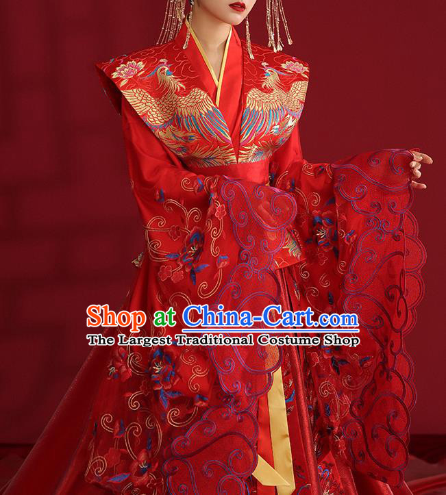 China Ancient Empress Embroidered Red Dress Traditional Wedding Bride Hanfu Costumes