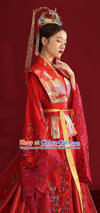 China Ancient Empress Embroidered Red Dress Traditional Wedding Bride Hanfu Costumes