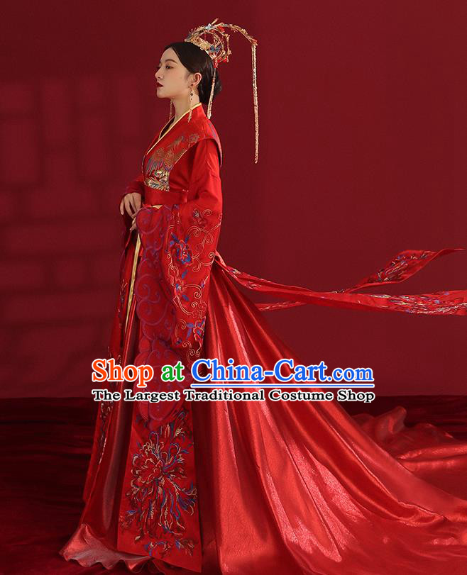 China Ancient Empress Embroidered Red Dress Traditional Wedding Bride Hanfu Costumes