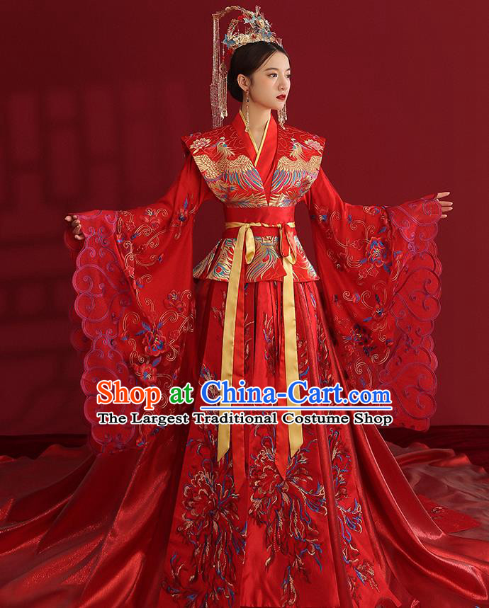 China Ancient Empress Embroidered Red Dress Traditional Wedding Bride Hanfu Costumes