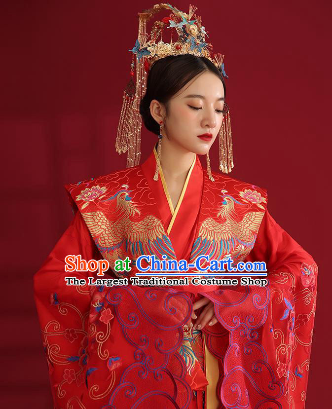 China Ancient Empress Embroidered Red Dress Traditional Wedding Bride Hanfu Costumes