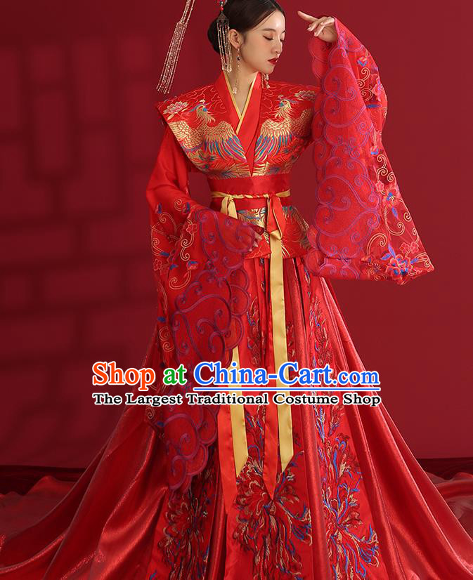 China Ancient Empress Embroidered Red Dress Traditional Wedding Bride Hanfu Costumes