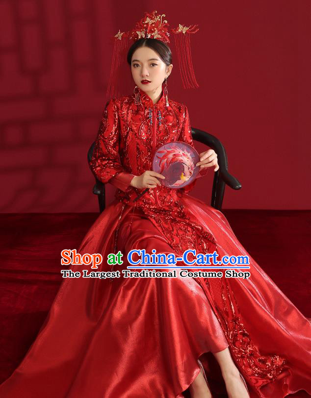 China Traditional Wedding Red Xiuhe Suit Costumes Bride Toast Embroidered Dress
