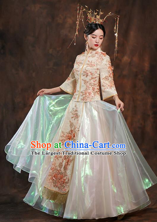 China Ancient Bride Costumes Toast Dress Traditional Wedding Champagne Xiuhe Suits