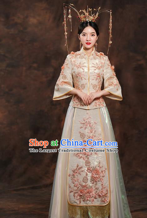 China Ancient Bride Costumes Toast Dress Traditional Wedding Champagne Xiuhe Suits