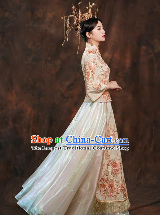 China Ancient Bride Costumes Toast Dress Traditional Wedding Champagne Xiuhe Suits