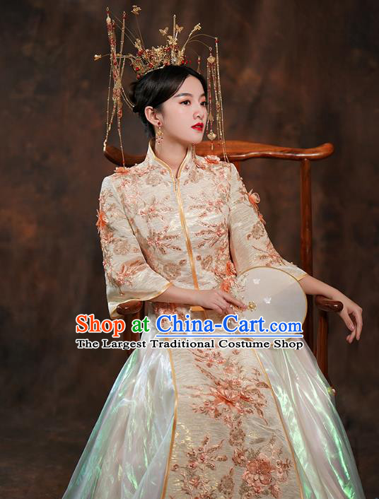 China Ancient Bride Costumes Toast Dress Traditional Wedding Champagne Xiuhe Suits