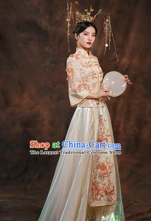 China Ancient Bride Costumes Toast Dress Traditional Wedding Champagne Xiuhe Suits