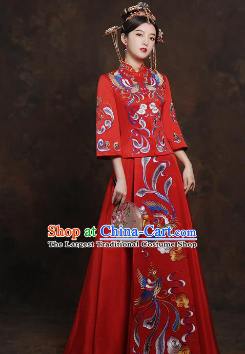 China Classical Bride Costumes Toast Embroidered Dress Traditional Wedding Red Xiuhe Suits