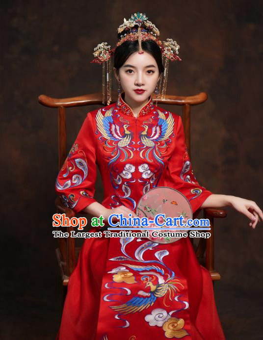 China Classical Bride Costumes Toast Embroidered Dress Traditional Wedding Red Xiuhe Suits