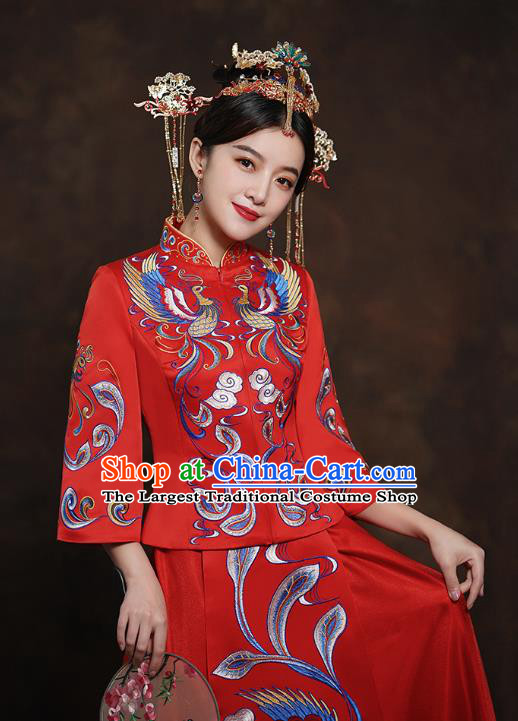 China Classical Bride Costumes Toast Embroidered Dress Traditional Wedding Red Xiuhe Suits