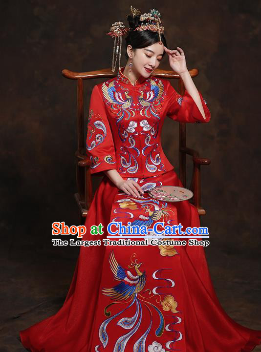 China Classical Bride Costumes Toast Embroidered Dress Traditional Wedding Red Xiuhe Suits