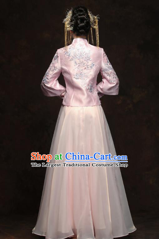 China Traditional Toast Embroidered Pink Dress Wedding Xiuhe Suits Classical Bride Costumes