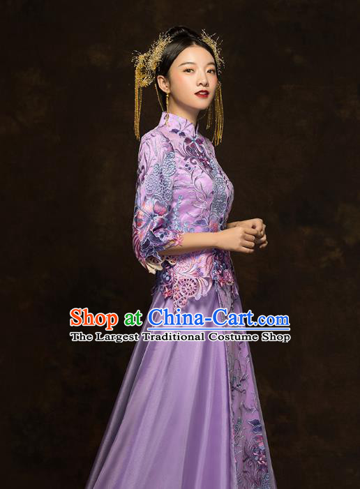 China Classical Bride Costumes Traditional Toast Embroidered Purple Dress Wedding Xiuhe Suits