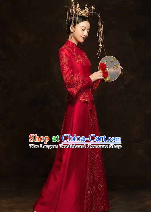 China Traditional Embroidery Beads Toast Dress Wedding Red Xiuhe Suits Classical Bride Costumes
