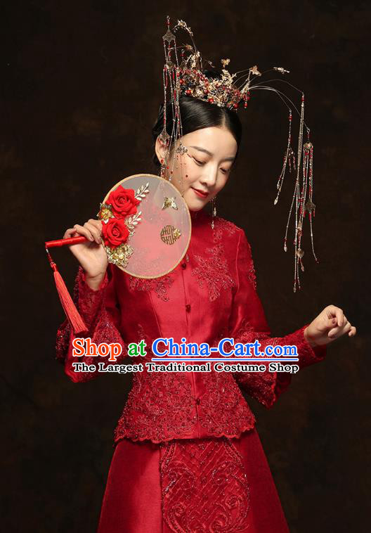 China Traditional Embroidery Beads Toast Dress Wedding Red Xiuhe Suits Classical Bride Costumes