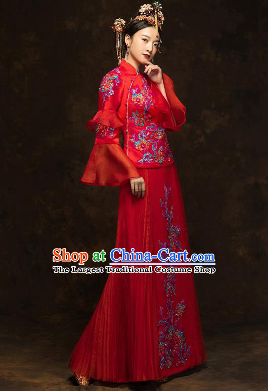 China Classical Bride Drilling Costumes Traditional Embroidery Toast Dress Wedding Red Xiuhe Suits