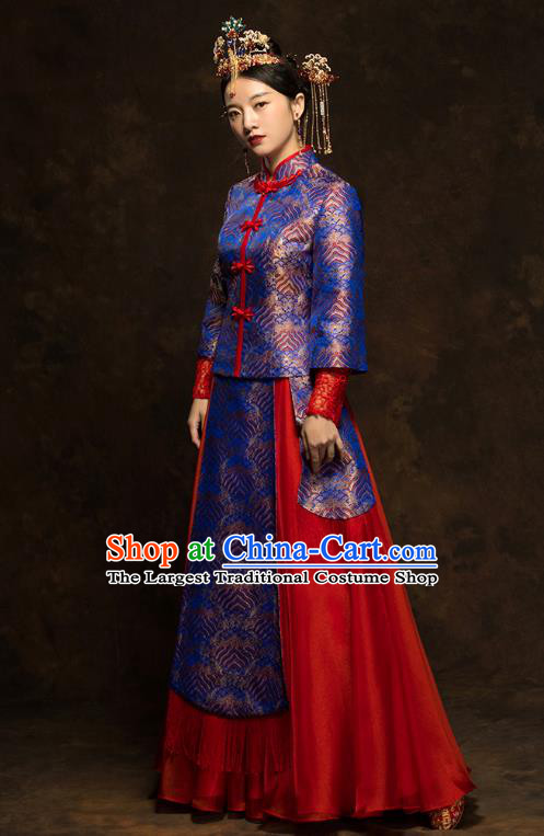 China Classical Wedding Xiuhe Suits Traditional Bride Costumes Royalblue Blouse and Red Skirt