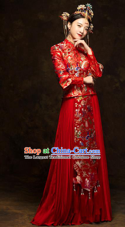 China Classical Hundred Children Painting Xiuhe Suits Traditional Bride Costumes Wedding Toast Dress