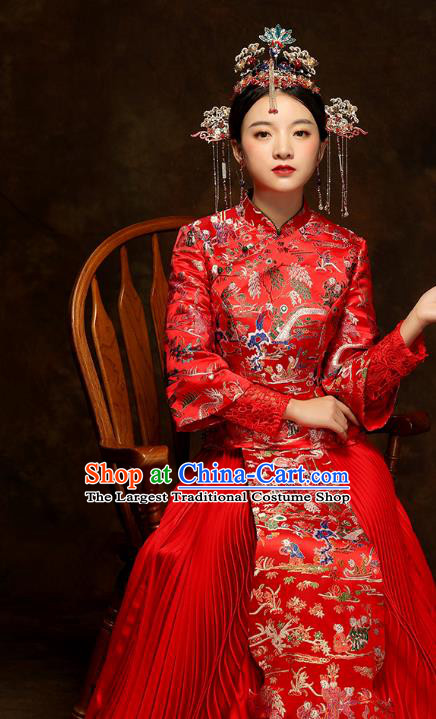 China Classical Hundred Children Painting Xiuhe Suits Traditional Bride Costumes Wedding Toast Dress