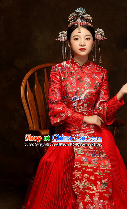 China Classical Hundred Children Painting Xiuhe Suits Traditional Bride Costumes Wedding Toast Dress