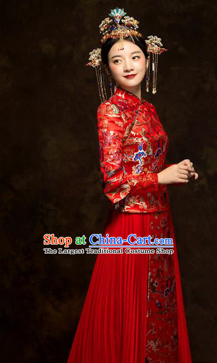 China Classical Hundred Children Painting Xiuhe Suits Traditional Bride Costumes Wedding Toast Dress