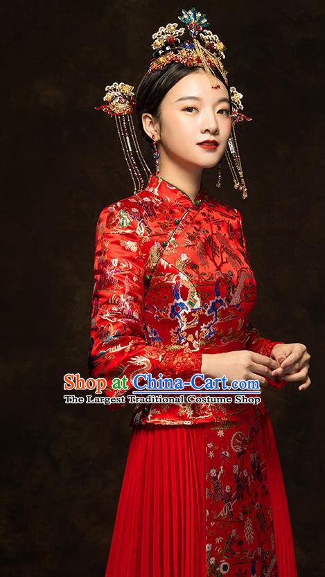 China Classical Hundred Children Painting Xiuhe Suits Traditional Bride Costumes Wedding Toast Dress